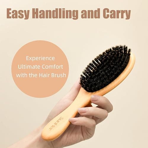 SunHer Boar Bristle Hair Brush - 100% Soft Boar Bristle Brush for Women Men Kids Restore Shine and Fine - Wooden Slick Back Hairbrush with Plastic Tail Comb for Short Thin Dry Hair thumbnail 5