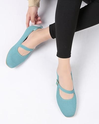 ZUXYAFU Women's Mary Jane Ballet Flats Square Toe Knit Ballerina Walking Dressy Office Slip-on Shoes with Strap thumbnail 6