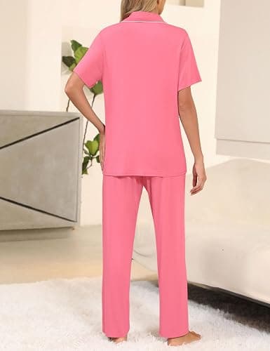 Senert Women Pajamas Set Short Sleeve Sleepwear Button Down Shirt with Long Pants Soft Pjs Set Nightwear Lounge Sets S-XXL - Coral - Small thumbnail 6