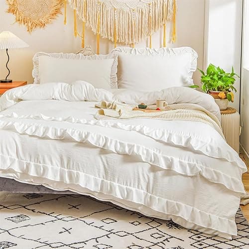 Koudi Twin Duvet Cover Set Ruffles White Shabby Chic Comforter Cover Solid Color Vintage Farmhouse Bedding Set Soft Microfiber with Zipper Ties - White - 2 - Twin thumbnail 4