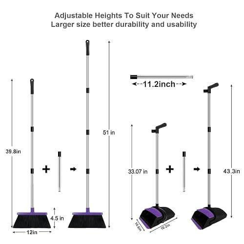Broom and Dustpan Set, Upright Purple Dustpan Broom, 51" Long Handle Broom and Self Cleaning Dustpan for Home, Kitchen and Office thumbnail 3
