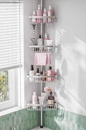 ESSEME Corner Shower Caddy Tension Pole: Adjustable Rustproof 4-Tier Inside Bathroom Organizer - 47-121 inch Quick Installation Bathtub Shelves for Shampoo Storage - Rod Floor Standing Bath Rack - Image 1