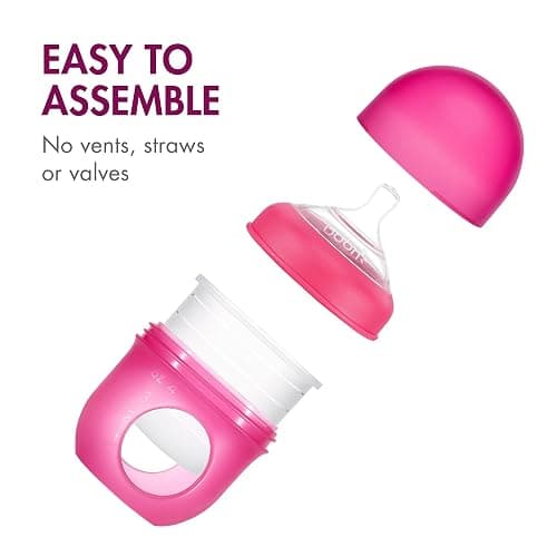 Boon Nursh Reusable Silicone Pouch Baby Bottles - Slow Flow Nipple - Silicone Baby Bottle Pouch and Nipple - Baby Feeding Essentials - Pink - 0-3 Months - 3 Count - 4 Ounce thumbnail 3