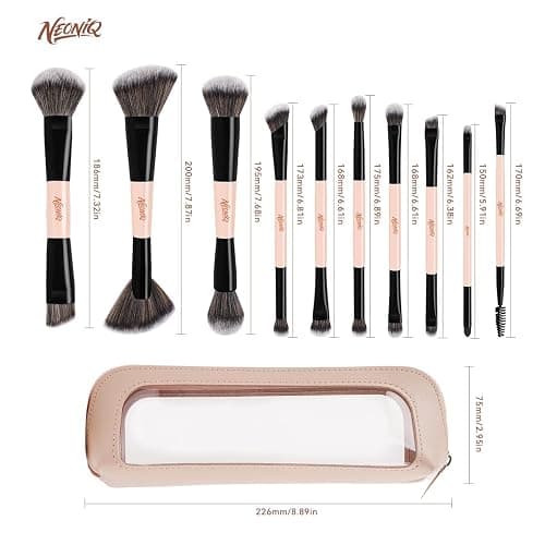 NEONIQ 10 PCS Foundation Contour Conceal Brush Set With Bag, Makeup Brushes, Double-End Multi-functional Brushes for Foundation Powder Blush Eyeliner Eyeshadows, Professional Face Brush Set（Pink） thumbnail 9