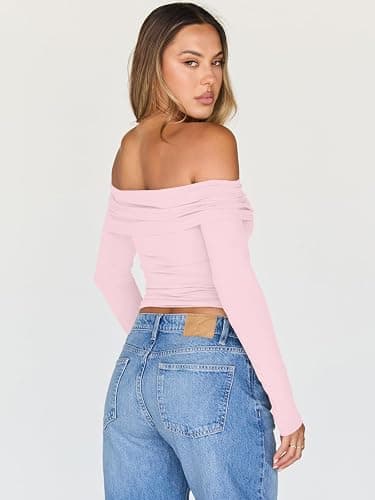 Trendy Queen Women Long Sleeve Shirts Off Shoulder Tops Going Out Crop Sexy Slim Fitted Y2K Fall Outfits 2025 Fashion Clothes thumbnail 4