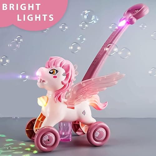 Pink Bubble Machine Blower Maker Lawn Mower Walking Toy Christmas Basket Stuffers Outdoor Summer Girls Kids Toddler 1st Birthday Best Gift for 1 2 3 Year Old Unique Cute Valentines Day Unicorn Gifts thumbnail 5