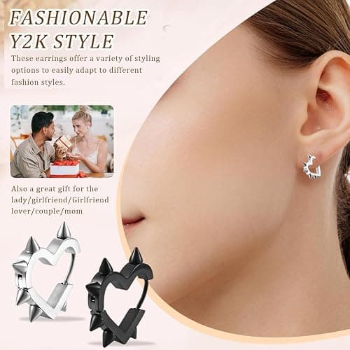 RAMGLYO 4 Stück Gothic Earrings, Heart-shaped Punk Rock Style Y2K Studs, Delicate Jewelry Gifts for Women and Girls (Schwarz + Silber) thumbnail 3