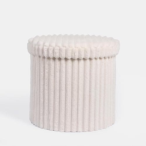 OHS Round Storage Ottoman Box, Decorative Cream Ribbed Ottoman with Lid Space Saving Organising Box for Livingroom Bedroom Footrest with Hidden Storage thumbnail 4