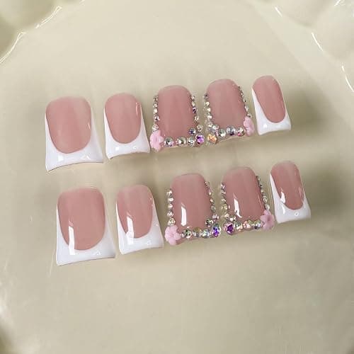 Handmade Press on Nails Short Duck White French Tip Thick Acrylic Fake Nails 3D Floral False Nails with Rhinestones Pink Flower Designs Elegant Sturdy Nail Art Press on Nails 10Pcs(S) - Image 1