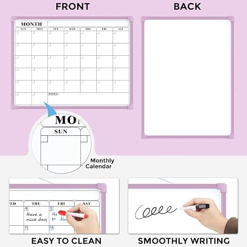 MaxGear Monthly Calendar Dry Erase Board for Wall, 16"x12" Small Hanging Double-Sided White Board, Portable Whiteboard for Planning, Drawing, Memo, to Do List, School, Home, Office, Purple Frame thumbnail 3