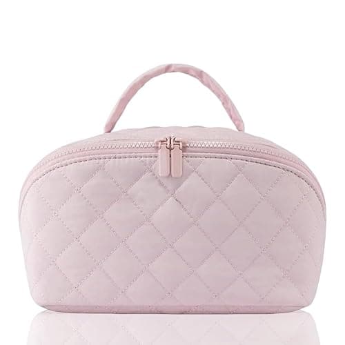 YUMEYPLEMI Petition Makeup Bag, Travel Makeup Bag Quilted for Woman, Wide Open Lay-Flat Water-Resistant Cosmetic Bag (Pink) - Image 1