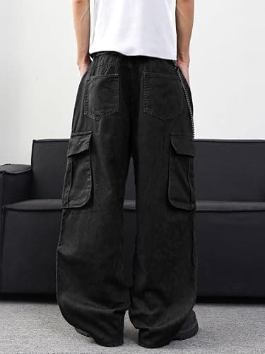 DFGIGT Mens Denim Baggy Pants with Cargo Pockets Mid Weight Casual Streetwear Wide Leg Jeans Hip Hop Skater Trousers thumbnail 5