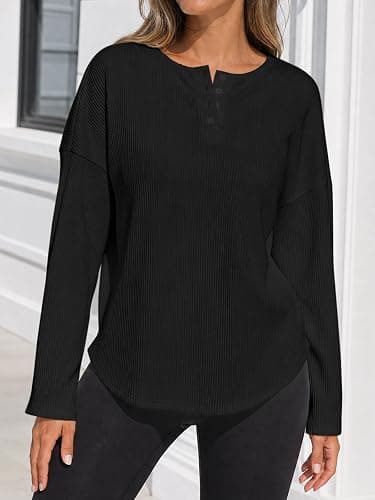 Fisoew Womens Long Sleeve Henley Shirts Ribbed Knit Button Tunic Tee Tops thumbnail 2