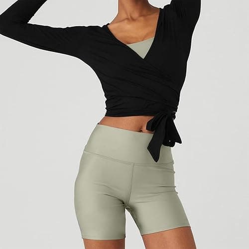 Pilates Wrap Tie Shirt Tops for Women Long Sleeve Ballet Tie Top Dance Ballerina Cover Up Top Yoga Workout Blouse thumbnail 3