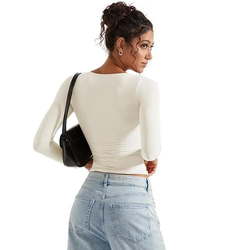 SUUKSESS Women Double Lined Casual V Neck Crop Tank Tops Basic Long Sleeve Shirts thumbnail 5