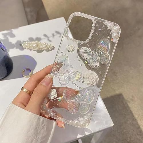 Changjia for iPhone 17 Clear Glitter Case, Cute Girly 3D Butterfly Floral Flowers Crystal Pearl Bling Sparkle Shiny with Wrist Strap Soft TPU Aesthetic Women Girls Phone Case for iPhone 17 6.3", Clear thumbnail 2