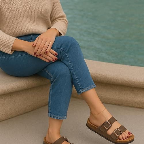 CUSHIONAIRE Lane Cork Footbed Sandals for Women – Comfortable Double Buckle Slip-On with Genuine Suede Footbed & Arch Support Slides for Women Footwear thumbnail 3