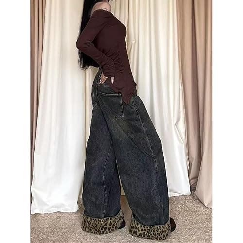 INFENU American Street Style Women's Retro Leopard Print Patchwork Jeans, Spicy Girl Street Loose Hip-hop Wide Leg Pants thumbnail 6
