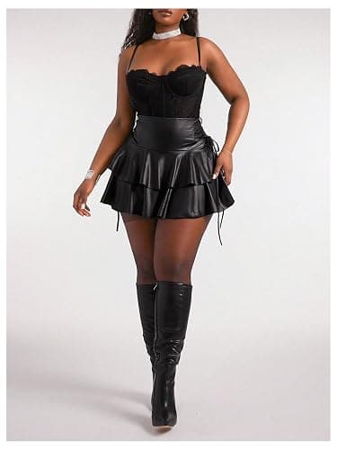 BEAUDRM Women's Plus Size PU Leather Layered Ruffle Skirt Drawstring High Waist Party Rave Concert Mini Skirts thumbnail 5