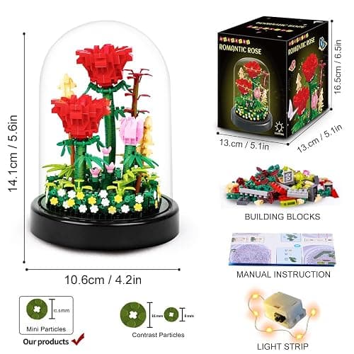 HOGOKIDS Flower Bouquet Building Kit with LED Lighting - 596 PCS Rose Sets with Cover Botanical Building Blocks | Birthday Mini Bricks Valentines Day Gift for Adult Girlfriend Wife (Red Roses) thumbnail 3