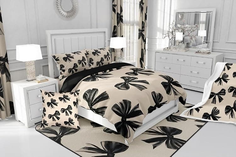 Erosebridal Bow Bedding Set Queen Black Bow Tie Bedding Comforter Sets for Kids Teen Adults Room Decor,Watercolor Bowknot Comforter Set Black White Simple Decor Bed Duvet Set thumbnail 7