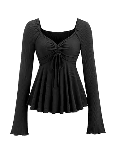 SOLY HUX Women's Long Sleeve Babydoll Tops Y2k Peplum Cute T Shirts | Tie Front, Sweetheart Neckline, Fall Outfit, Tees - Image 1
