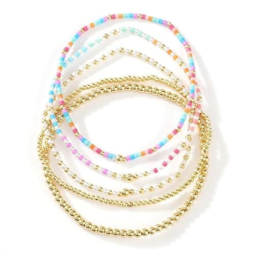 SHINUS BOHO 14K Gold Plated Beaded Bracelets Stack Set for Women,Stretch Boho Ball Jewelry Friendship Trendy - Image 1