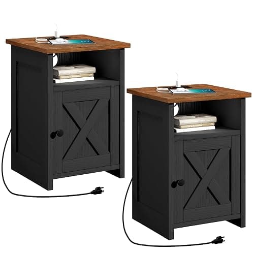AURINEST Farmhouse End Table Set of 2 w/Charging Station, Nightstands w/Barn Door & Storage Shelf, Rustic Bedside Table for Living Room, Bedroom, Entryway, Office, Small Spaces, Black thumbnail 9
