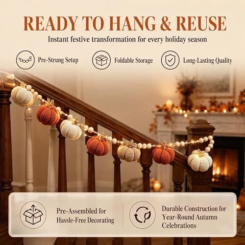 Fall Crochet Thanksgiving Pumpkin Garland, Hand‑Knitted Pumpkin Beaded Hanging String, Pre‑Assembled Autumn Mantel Garland for Halloween Thanksgiving Boho Home Wall Party Decor, 78.74 Inch thumbnail 5
