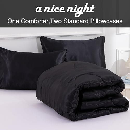 A Nice Night Satin Silky Soft Quilt Luxury Super Soft Microfiber Bedding Thin Comforter Set Full/Queen, Light Weighted (Black, Queen) - Black - Queen thumbnail 2