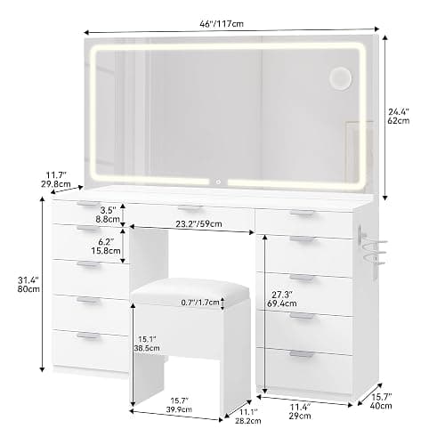 YITAHOME 46" Vanity Table with LED Lighted Mirror, Makeup Desk with 11 Drawers, Cushioned Storage Stool, Vanity Set with Power Outlet & Magnifying Mirror, White thumbnail 2