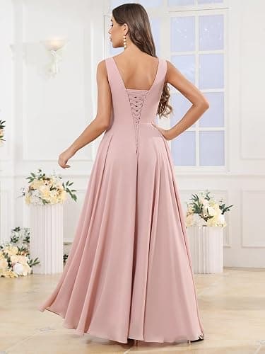 BOLENSYE Women's V Neck Bridesmaid Dresses with Pockets A Line Ruffles Ruched Long Slit Chiffon Evening Party Gown - Navy Blue - 16 thumbnail 2