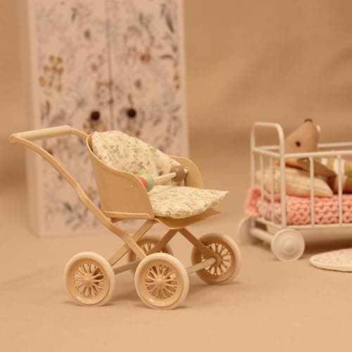 Funky Mini House Miniature Rolling Dollhouse Doll Stroller with Movable Wheels, Retro Iron Doll Pram, 1/12 Scale Dollhouse Furniture (Pink) thumbnail 4