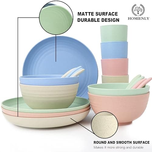 Wheat Straw Dinnerware Sets, 20 PCS Dishes Dinnerware Set Microwave and Dishwasher Safe, Lightweight Unbreakable Dishes, Reusable Dinner Plates Kids Plates and Bowls Sets for Kitchen, Camping - 20 PCS - Multicolor-Light thumbnail 5