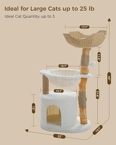 MUTTROS Modern Cat Tree for Large Cats, Wood Cat Tower for Indoor Cats, Real Branch Luxury Cat Furniture with Super Large Cozy Condo and Hammock & Scratching Post, Top Basket, White thumbnail 9