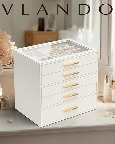 Vlando 5 Layer Jewelry Box for Women, Glass Lid Jewelry Organizer with 5 Drawers for Necklaces Rings Earrings Bracelets - Cloud White thumbnail 2