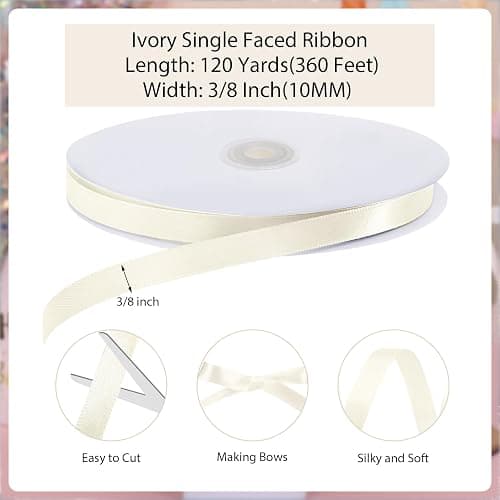 120 Yards Cream Ribbon 3/8 Inch Ivory Satin Ribbon Thin Ribbons for Gift Wrapping Cake Wedding Invitation Bride Bracelet Hair Bows Christmas Crafts Gift Bags Balloons String thumbnail 3