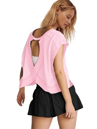 Panadila Womens Open Back Workout Top Oversized Workout T Shirts Backless Athletic Shirt Short Sleeve Baby Tee thumbnail 3