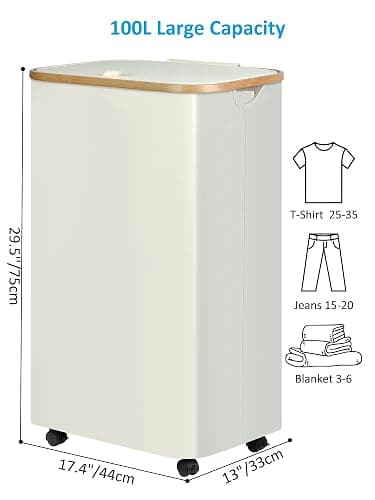 efluky Laundry Basket with Wheels, Tall Rolling Laundry Hamper with Lid and Removable Bag, Aesthetic Dirty Clothes Hamper on Wheels for Laundry Room, Bedroom, Dorm and Bathroom, 100L Black thumbnail 3