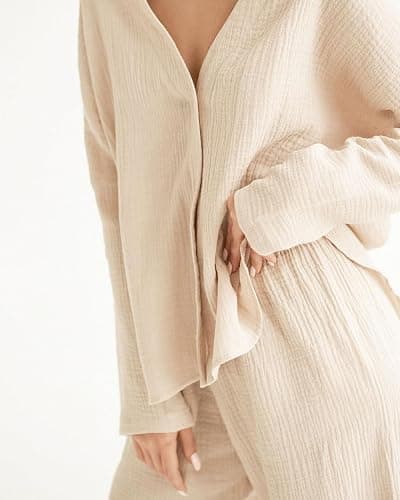codcm Womens Cotton Gauze Loungewear Sets Casual 2 Piece Sleepwear Button Down Shirt and Wide Leg Pants Outfits thumbnail 3