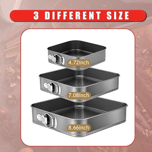 Square Springform Cake Pan 9.5inch,10inch,11inch, Set of 3 non stick leakproof cake baking pans with removable bottom thumbnail 2