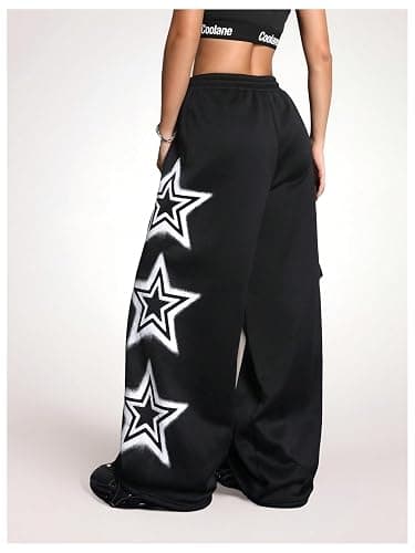 BEAUDRM Women's Y2k Baggy Sweatpants Star Print Drawstring Elastic Waist Baggy Pants Wide Leg Fleece Lined Cargo Sweatpants thumbnail 6