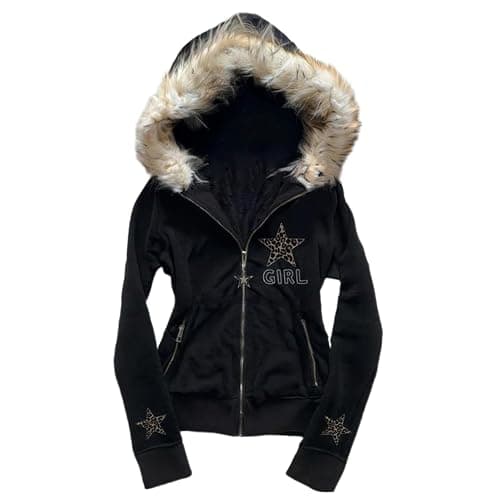 ORANDESIGNE Y2K Hoodie Damen Zip Up Winterjacke mit Fellkapuze Vintage Grunge Streetwear Kapuzenpullover mit Reißverschluss - Image 1