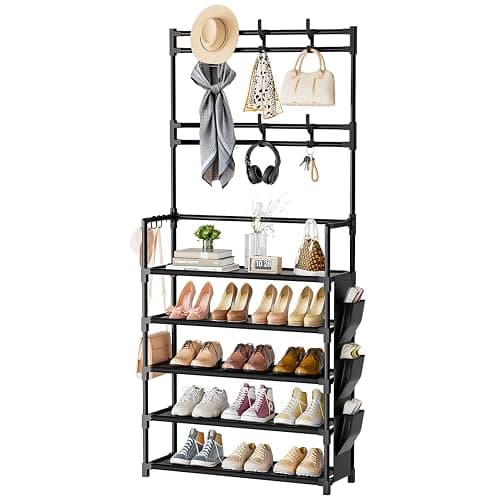OYREL Shoe Rack 5 Tier Shoe Organizer Storage 15-20 Pairs Shoes Rack for Closet Entrance Shoe Rack Organizer with Hooks and Side Pocket Entryway Shoe Holder Space Saving Free Standing Shoe Racks - Image 1