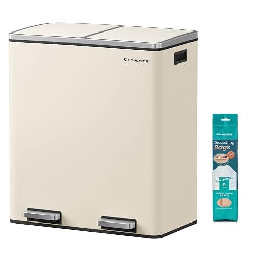 SONGMICS Poubelle à Double Compartiment 2 x 30 L, avec 15 Sacs Poubelles, Pédales en Métal, 2 Seaux Intérieurs en Plastique, Couvercles, Poignées, Fermeture en Douceur, Couleur Crème LTB060A01 - Image 1