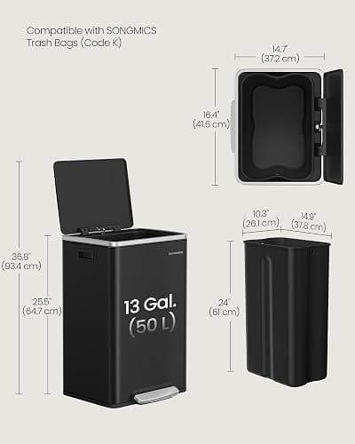 SONGMICS Trash Can, 13-Gallon Gabbage Can, with 15 Trash Bags, Steel, with Soft-Close Lid, Removable Inner Bucket, Handles, Ink Black ULTB595B01V1 thumbnail 6