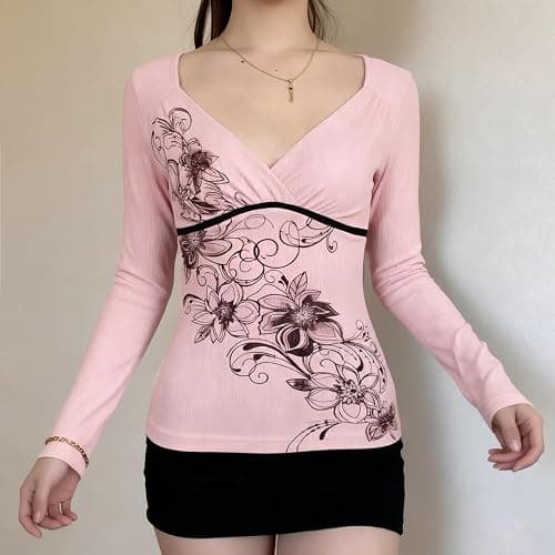 Y2k V Neck Floral Tops Women Fairy Grunge Vintage Long Sleeve Top 2000s Emo Graphic Cute Teen Girls Clothe thumbnail 2