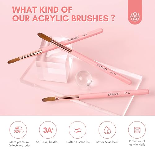 SAVILAND 3PCS Acrylic Nail Brush Set: Size 8/10/14 Kolinsky Acrylic Nail Brushes for Application, Pink Handle Professional Acrylics Powder Brushes for Nails Extension & 3D Nails Carving thumbnail 2