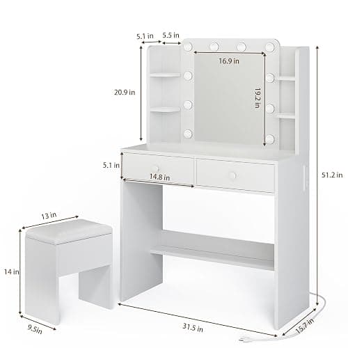 Haewon White Vanity Desk with Mirror and Lights, Makeup Vanity with 10 LED Bulbs and 3 Color Modes, Dressing Table Set with Power Outlets, Storage Drawers and Chair for Bedroom thumbnail 2