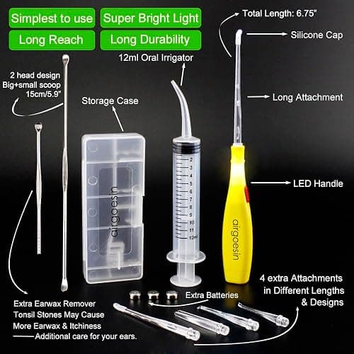 Tonsil Stone Remover Kit, Lighted, 5 Tips, Oral Irrigator for Bad Breath | 6.75" Tonsil stone removal kit with oral syringe & long tonsillolith pick, clean tonsil crypts for throat and oral care thumbnail 2